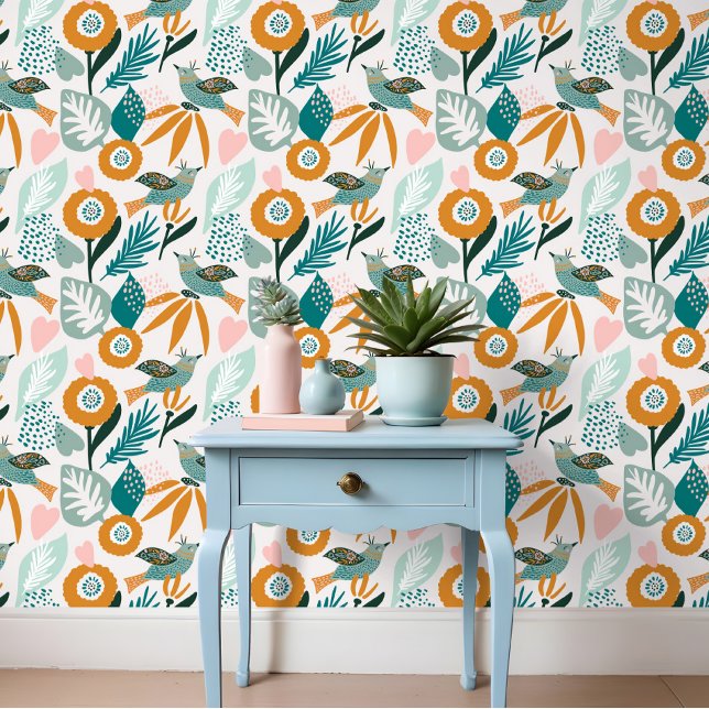 抽象芸術はっきりした熱帯鳥花パターン 壁紙 (Bold Abstract Tropical Birds & Floral Pattern Wallpaper)