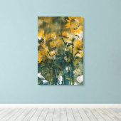 抽象芸術ひまわりアート、リッチティール(緑がかった色)、黄色 キャンバスプリント (インサイチュ (ウッドフロア))