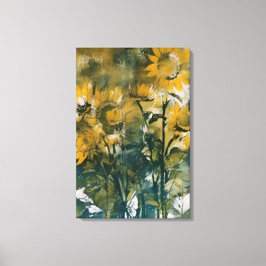 抽象芸術ひまわりアート、リッチティール(緑がかった色)、黄色 キャンバスプリント (正面)
