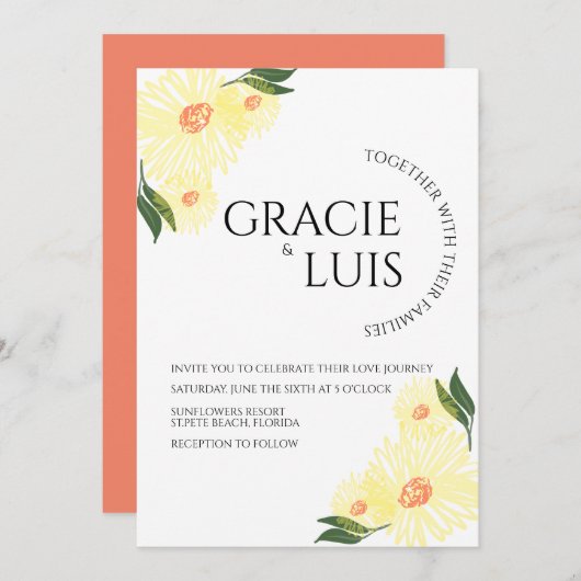 抽象芸術ひまわり緑結婚フローラ 招待状 (正面/裏面)