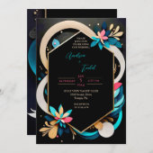 抽象芸術よくはしゃぐモダンエレガントな結婚式 招待状 (正面/裏面)