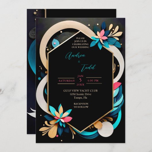 抽象芸術よくはしゃぐモダンエレガントな結婚式 招待状 (正面/裏面)