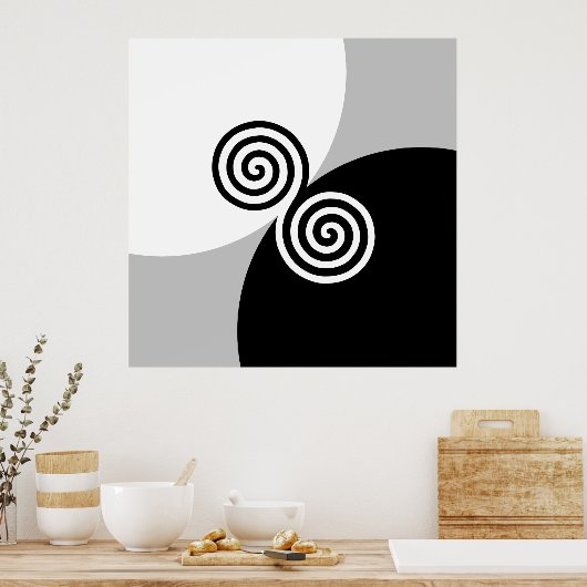 抽象芸術らせん円(黒い灰色と白) ポスター (キッチン)