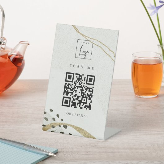 抽象芸術アイボリー金ゴールドブラックグレーストーンQRコードロゴ 台座サイン (インサイチュ)