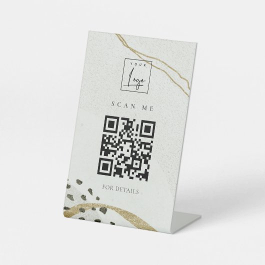 抽象芸術アイボリー金ゴールドブラックグレーストーンQRコードロゴ 台座サイン (正面)