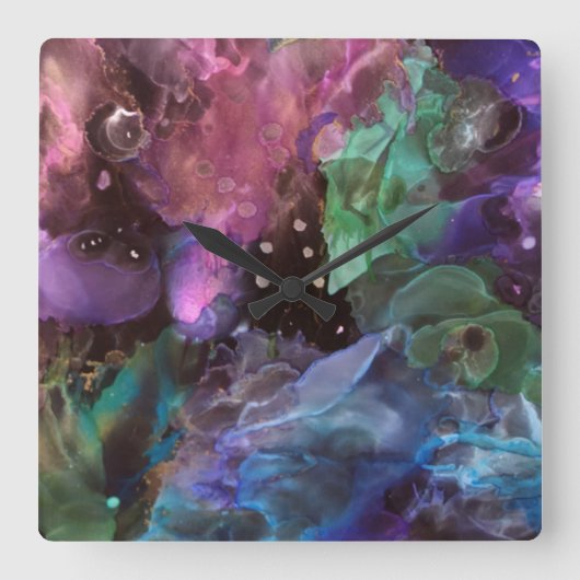 抽象芸術アカラフルート宇宙星雲 スクエア壁時計 (正面)