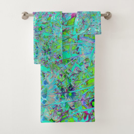 抽象芸術アクアグリーンとパープルコンフロアーガーデン バスタオルセット (インサイチュ)