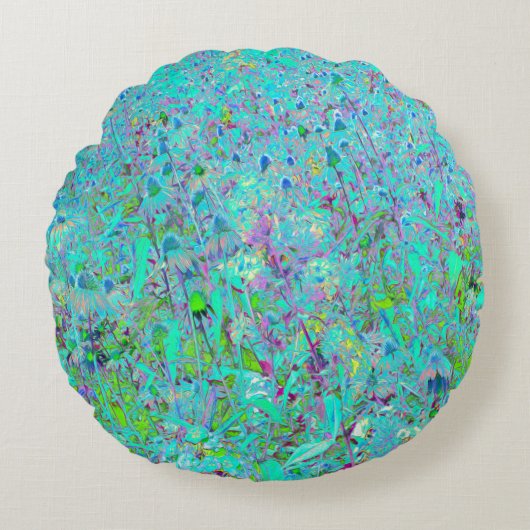 抽象芸術アクアグリーンとパープルコンフロアーガーデン ラウンドクッション (正面)