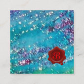 抽象芸術アクアブルーティール（緑がかった色）金ゴールドきらめき赤色ワックスシール スクエア名刺 (裏面)