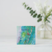 抽象芸術アクアブルーティール（緑がかった色）金ゴールドきらめき赤色ワックスシール スクエア名刺 (スタンド正面)