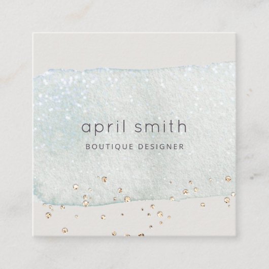 抽象芸術アクアブルーブラシストークウォーターグリッター スクエア名刺 (正面)