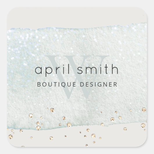 抽象芸術アクアブルーブラシストークモノグラムグリッター スクエアシール (正面)