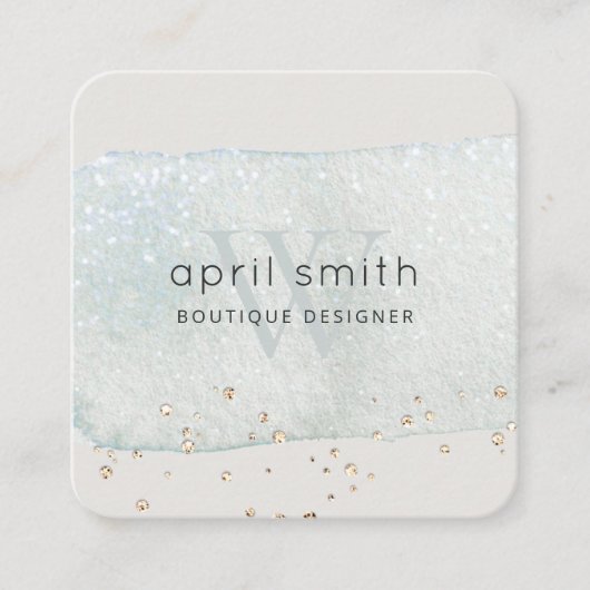 抽象芸術アクアブルーブラシストークモノグラムグリッター スクエア名刺 (正面)