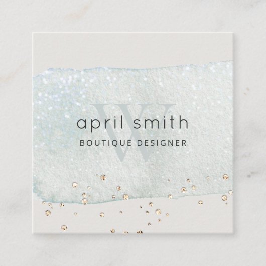 抽象芸術アクアブルーブラシストークモノグラムグリッター スクエア名刺 (正面)