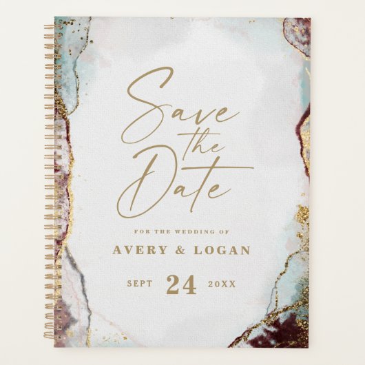 抽象芸術アクアレッド&金ゴールドウィンターウェディングプラン プランナー手帳 (正面)