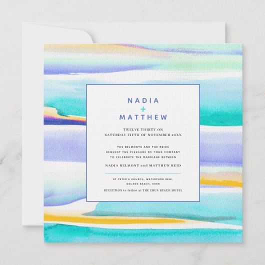 抽象芸術アクア熱帯潮線結婚写真 招待状 (正面)