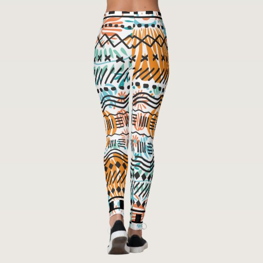 抽象芸術アステカフローラコーラルミントブラックパターン レギンス (裏面)