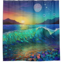 抽象芸術アズールシースケープ シャワーカーテン