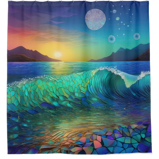 抽象芸術アズールシースケープ シャワーカーテン (正面)