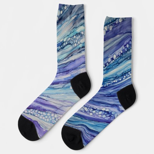 抽象芸術アルコールインクリキッドアートブルーパープル ソックス (左)