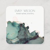 抽象芸術アルコールインク金ゴールドグリーンイヤリングディスプレイ スクエア名刺 (正面)