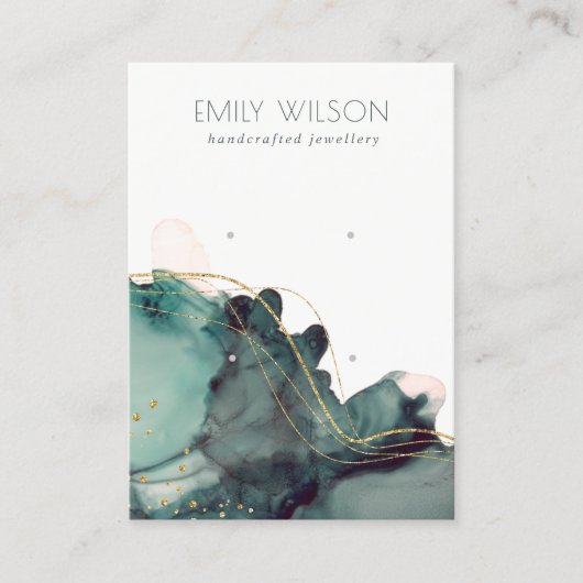 抽象芸術アルコールインク金ゴールドグリーン2イヤリングディスプレイ 名刺 (正面)