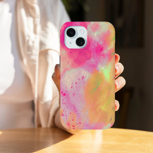 抽象芸術アートの水彩ピンクの黄色の紫 iPhone 15ケース
