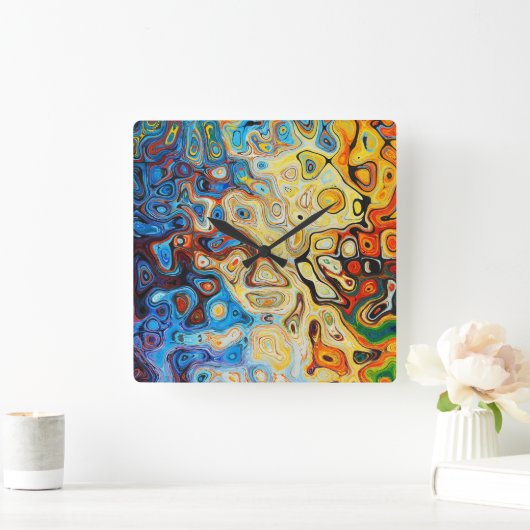 抽象芸術アートイエローオレンジブルー渦巻き スクエア壁時計 (ホーム)
