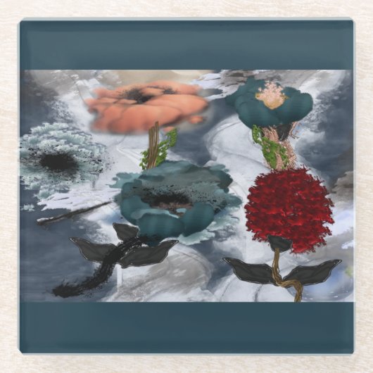 抽象芸術アートウォーターカラーフローラガラスコースター ガラスコースター (正面)