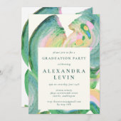 抽象芸術アートグリーンウォーター色卒業パーティー 招待状 (正面/裏面)