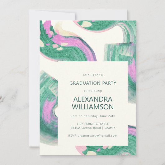 抽象芸術アートグリーンウォーター色卒業パーティー 招待状 (正面)