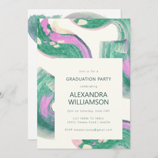 抽象芸術アートグリーンウォーター色卒業パーティー 招待状 (正面/裏面)