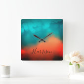 抽象芸術アートスクリプト名ブルーティール(緑がかった色)オレンジスクエア スクエア壁時計 (ホーム)