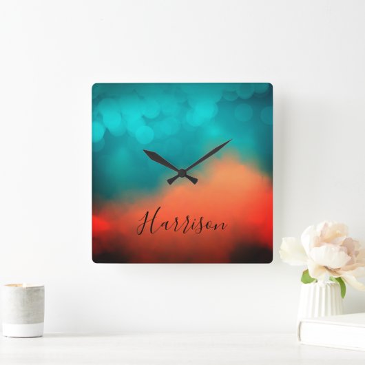 抽象芸術アートスクリプト名ブルーティール（緑がかった色）オレンジスクエア スクエア壁時計 (ホーム)