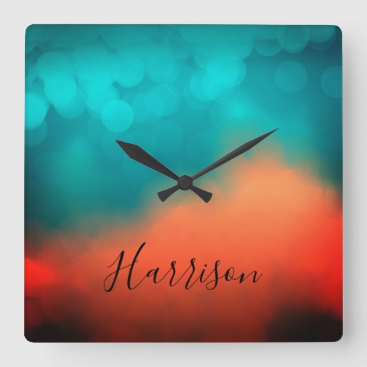 抽象芸術アートスクリプト名ブルーティール(緑がかった色)オレンジスクエア スクエア壁時計 (正面)