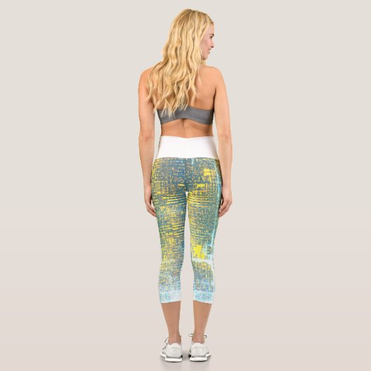 抽象芸術アートテクスチャイエロー淡い色のターコイズブルー カプリレギンス (裏面)