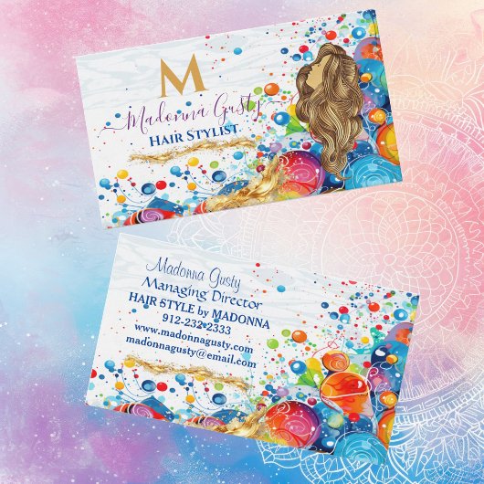 抽象芸術アートバブルズゴールデンモノグラム美容師 名刺