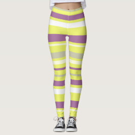 抽象芸術アートパープルグレーイエローホワイトストライプズ レギンス