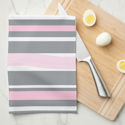 抽象芸術アートピンクグレー白い線 キッチンタオル (四つ折り)