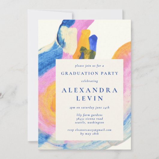抽象芸術アートブルーウォーターのカラー卒業パーティー 招待状 (正面)