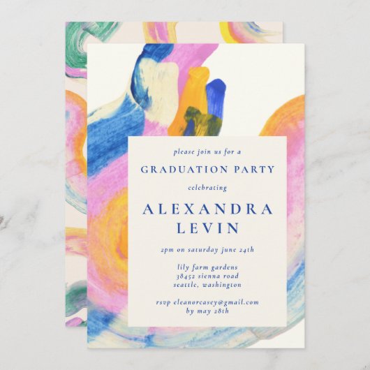 抽象芸術アートブルーウォーターのカラー卒業パーティー 招待状 (正面/裏面)
