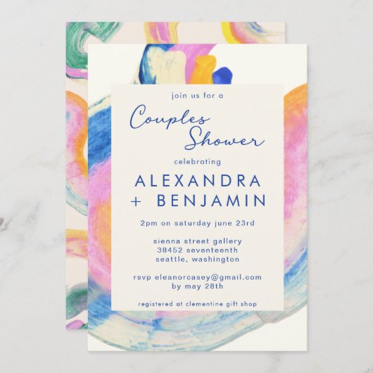 抽象芸術アートブルーウォーターカラーカップルシャワー 招待状 (正面/裏面)