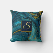 抽象芸術アートブルーグリーン金ゴールドダストマーブル クッション (正面)