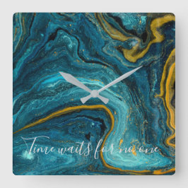 抽象芸術アートブルーグリーン金ゴールドマーブル スクエア壁時計