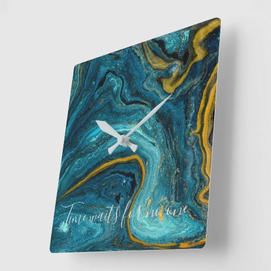 抽象芸術アートブルーグリーン金ゴールドマーブル スクエア壁時計 (傾斜)