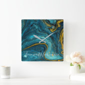 抽象芸術アートブルーグリーン金ゴールドマーブル スクエア壁時計 (ホーム)