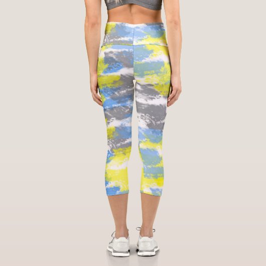 抽象芸術アートブルーホワイトイエローグレーミニマリズム カプリレギンス (裏面)