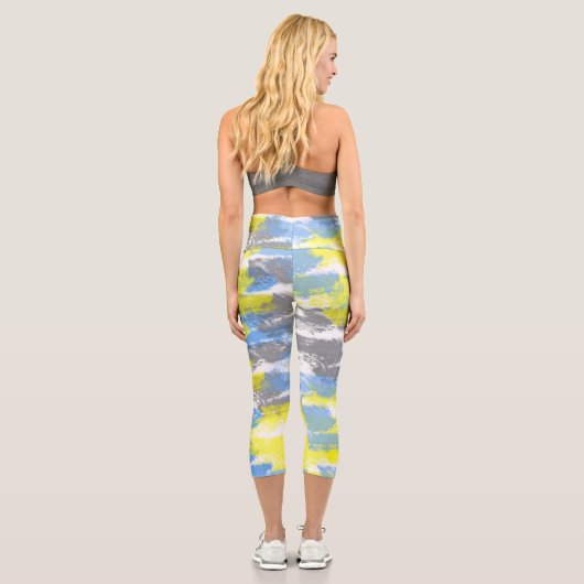 抽象芸術アートブルーホワイトイエローグレーミニマリズム カプリレギンス (裏面)