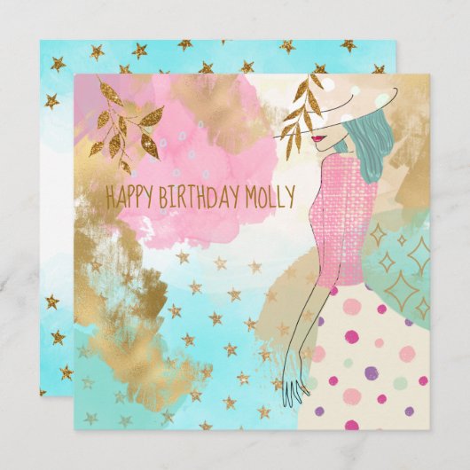 抽象芸術アートメスハットティール（緑がかった色）ピンクハッピーバースデー (正面/裏面)