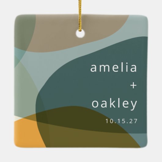 抽象芸術アートモダングリーンセージティール(緑がかった色)カスタムウェディング セラミックオーナメント (裏面)